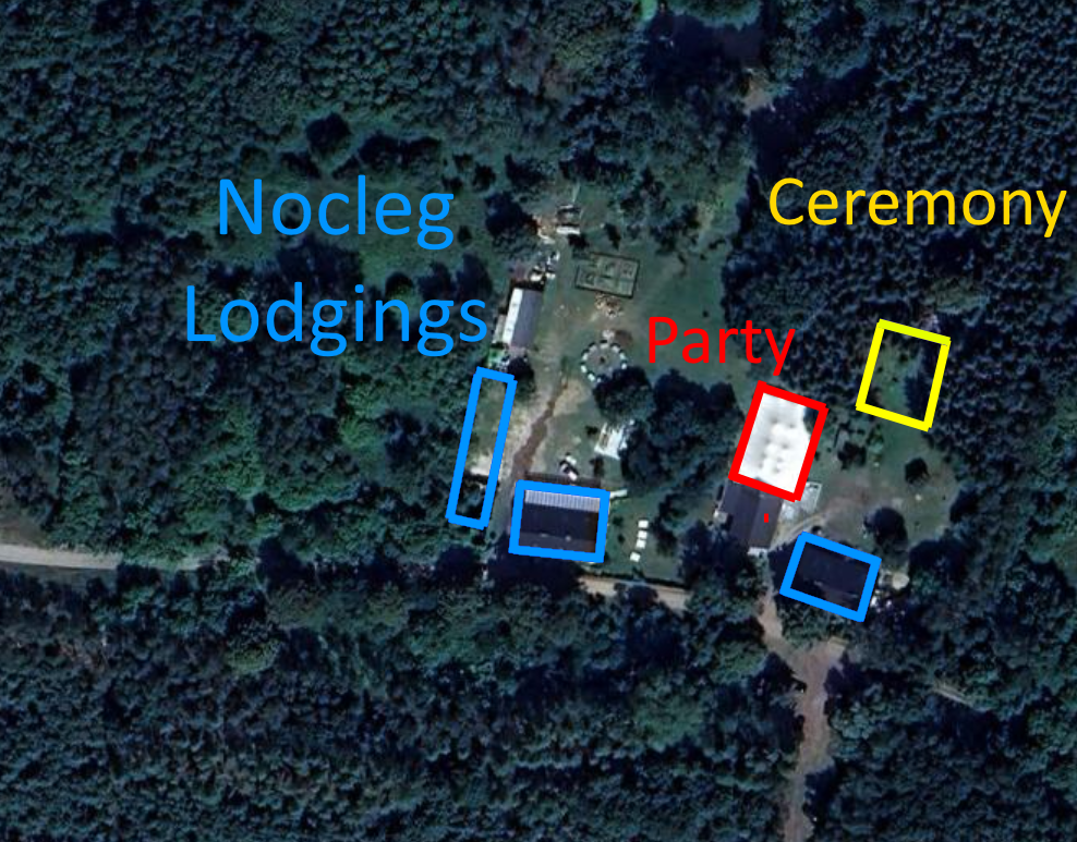 Satellite view of venue showing ceremony, party and lodging areas