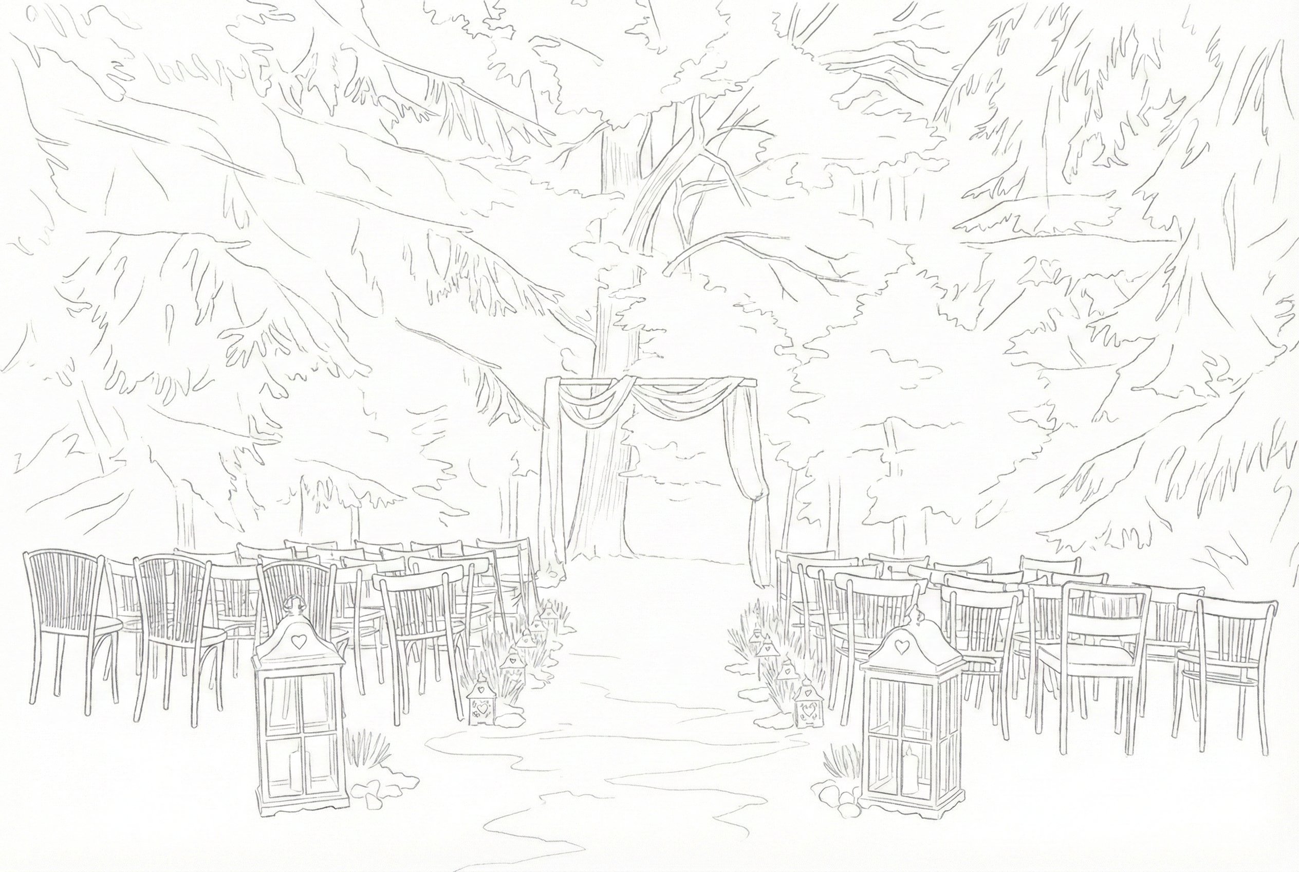 Sketch of the wedding ceremony under the linden tree at Przyborowo